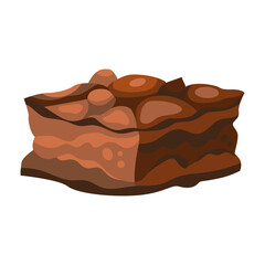Vector illustration of a brownie. Delicious cake with chocolate. Brown, beige, orange colors. Hand drawn cartoon flat vector illustration