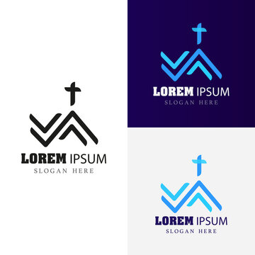 Church logo with cross and mountains design vector illustration isolated on white background. Modern neon church logo template with christian symbols of faith line art. Christian graphic abstract icon