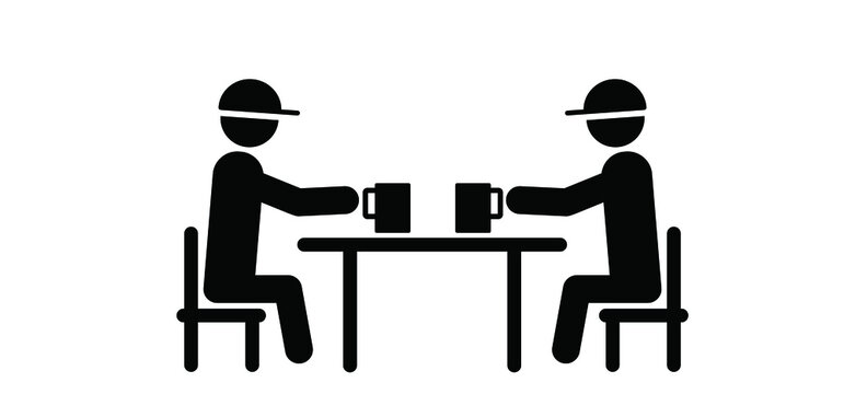 Cartoon stickman, stick figure. the people are talking at the table, or to work in concert with a cups in hands. School or kitchen table. Business lunch. Vector canteen or cafeteria, lunchtime icon.