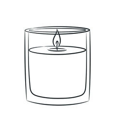 Wax candle in a glass candlestick hand-drawn. Sketch in doodle style. Burning candle in a glass. Isolated vector illustration.