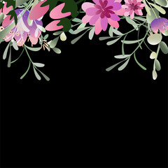 Square banner of purple tulips, crocuses and pink gerberas, buds on a black background with space for text