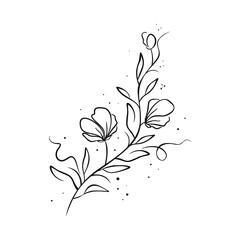 Floral vector illustration. Black flower branch on a white background. For design of products, creation of patterns, cards, invitations, labels, stickers.