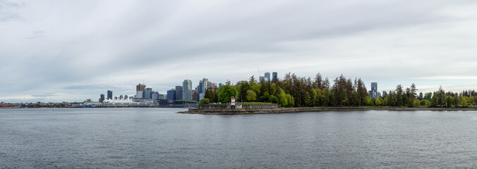 Panoramic View of Coal Harbour, Canada Place and Stanley Park. Cloudy Evening Sky. Downtown Vancouver, British Columbia, Canada.