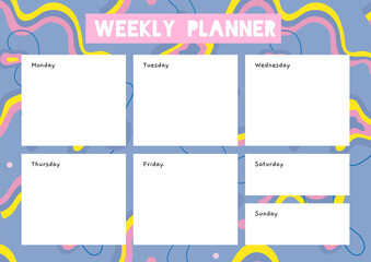 Cute weekly planner with abstract shapes and doodles, cartoon style. Trendy modern vector illustration, hand drawn, flat design.