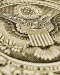 1 US dollar. Fragment of banknote. Reverse of bill with the Great Seal. The bald eagle is the national symbol. Olive tinted vertical stories. American treasury and treasuries. Economy of the USA