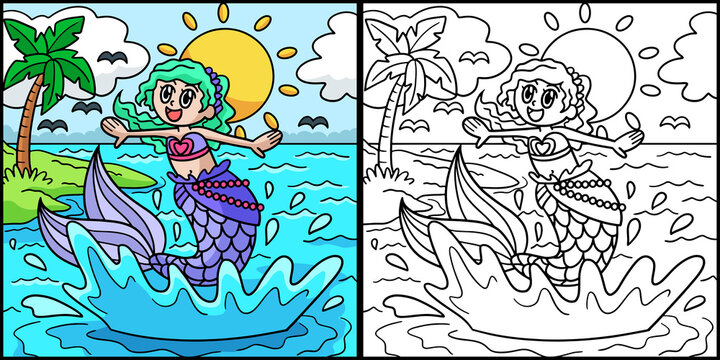 Jumping Mermaid Coloring Page Colored Illustration