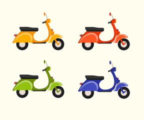 Retro moped. Delivery old scooter collectible classic vehicle for road racing, vintage style moped travel and sport flat isolated vector motor transport illustration yellow, red, green, blue.