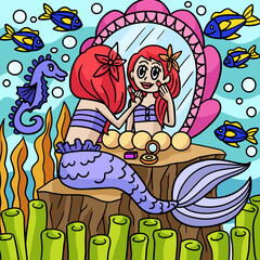 Fototapeta na wymiar Mermaid Sitting In Front Of A Mirror Cartoon