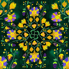 Naklejka na ściany i meble Floral Ukrainian ethnic motif. Seamless pattern. Decorative composition with floral motifs. Watercolor. Wallpaper. Use printed materials, signs, posters, postcards, packaging.