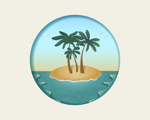 Fototapeta na wymiar Island in the ocean with palm trees and seagulls. Nautical concept in paper cut style. Vector illustration.