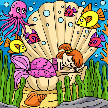 Mermaid Sleeping In A Shell Colored Cartoon