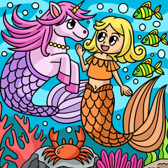 Mermaid Chatting With Unicorn Colored Cartoon 