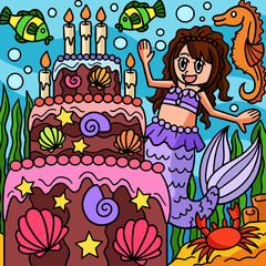Mermaid And Birthday Cake Colored Cartoon 