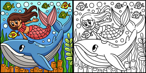 Mermaid With Whale Coloring Page Illustration