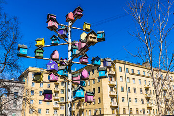 Fototapeta na wymiar a tree with colorful birdhouses on a blue sky background