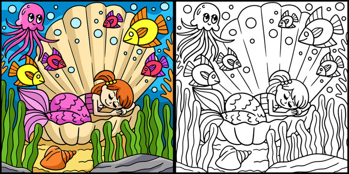 Sleeping Mermaid In A Shell Colored Illustration