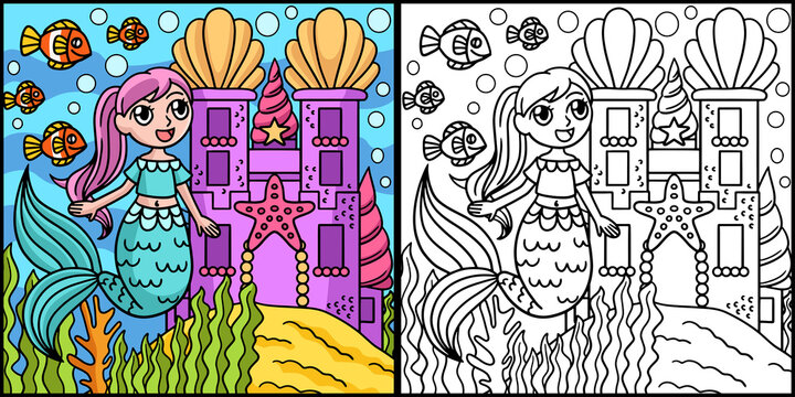 Mermaid In Front Of A Castle Colored Illustration