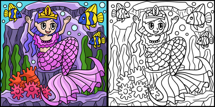 Mermaid Crown Princess Colored Illustration