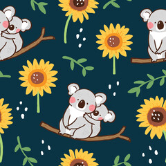 Seamless Pattern with Cartoon Koala Bear and Sunflower Design on Dark Blue Background