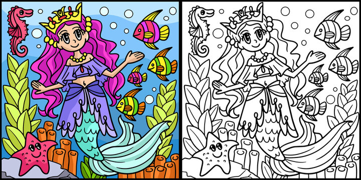 Mermaid Princess Coloring Page Illustration