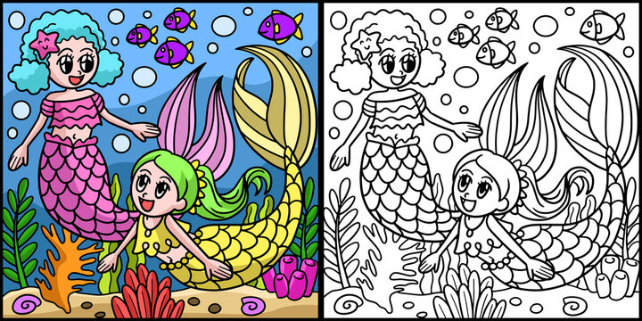 Mermaid Girls Playing Colored Illustration