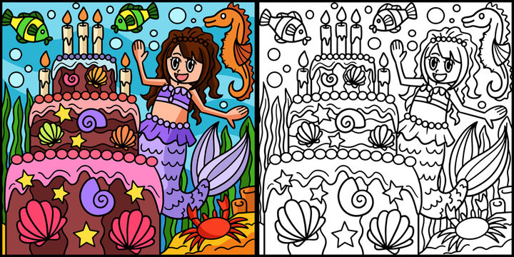 Mermaid And Birthday Cake Colored Illustration
