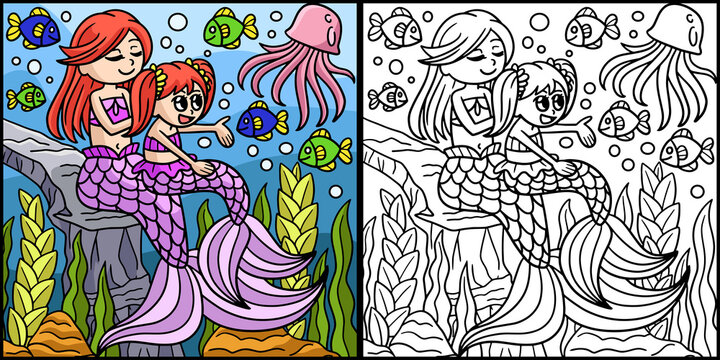 Mother And Daughter Mermaid Colored Illustration