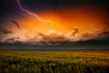 Fototapeta na wymiar Lightning illuminates ominous storm clouds over farmland.
