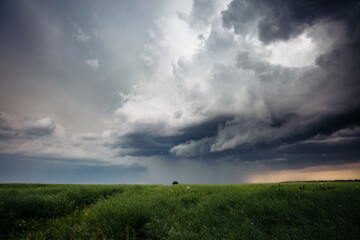Obraz premium Dark ominous clouds in front of a hurricane over farmland.