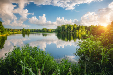 Great view of the quiet lake and green forest on a sunny day. Ukraine, Europe. - Powered by Adobe