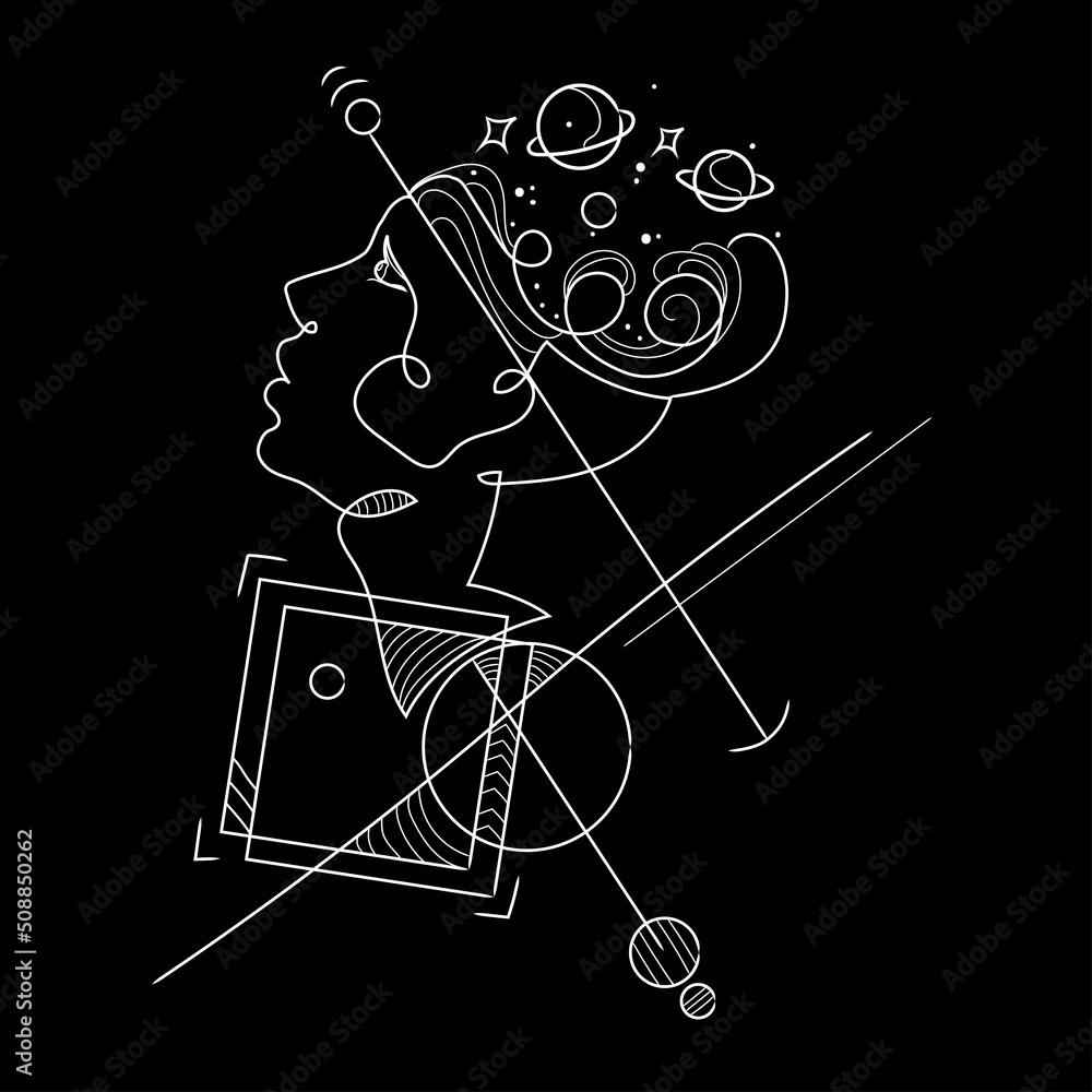 Aufkleber abstract minimal art human face with geometric shapes and lines and space objects planets on black b