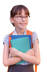 Gelukkig schoolmeisje geïsoleerd op een witte achtergrond. Portret van schattig kind met rugzak en notitieboekjes