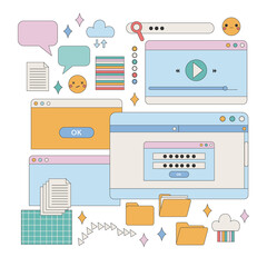 Set of computer interface elements in retro style. Trendy cartoon clip from the 90s. Vector hand drawn illustration.