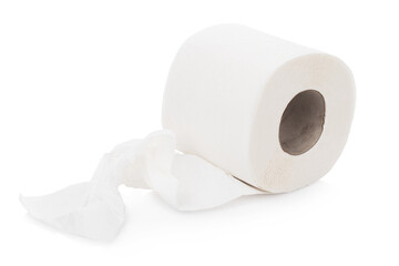 a roll of toilet paper lies on a white isolated background a little unwound and crumpled
