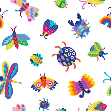 Seamless pattern with beetles, spiders, moths and butterflies in cartoon style