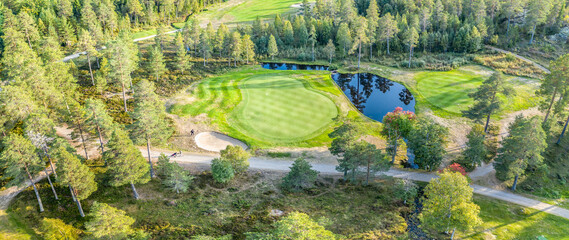 Aerial panorama view on golf course in Northern forest. Unidentified people play walk to change Golf course, pine trees around. Warm Sunny day excellent for golfers
