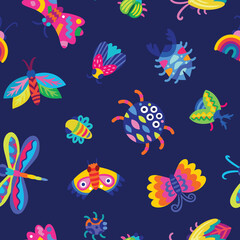 Naklejka na ściany i meble Seamless pattern with beetles, spiders, moths and butterflies in cartoon style