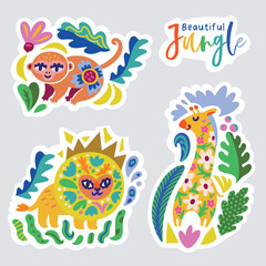 Beautiful stickers with African animals decorated with flowers and leaves