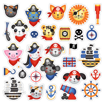 Set of vector cartoon stickers on a pirate theme. Children's holiday, kids' party, stickers, games, baby shower.