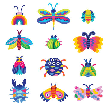 Vector set of beetles, spiders, moths and butterflies in cartoon style