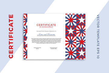 Modern business diploma mockup for graduation or course completion. Patriotic design of certificate of appreciation template with stars geometric pattern. Vector background EPS 10