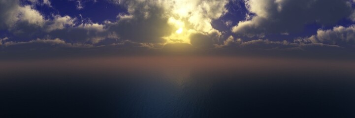 Fototapeta na wymiar Sea sunset, ocean sunrise, sun over water surface, 3d rendering