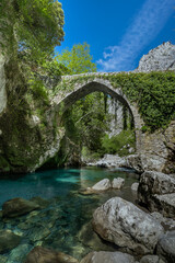 Vertical composition. La Jaya bridge in the Cares trail. Poncebos. Asturias. Spain
