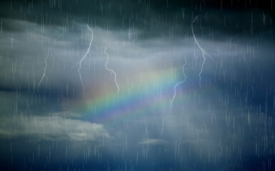 cloudy sky with rain and rainbow lightnings-