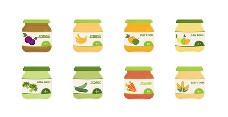 Set of glass jars with baby food. Fruit and vegetable puree for kids feeding. Baby food jars. Kids feeding products. Apple, pear, bannana, corn, carrot puree.Vector ilustration in flat style.