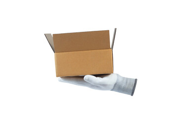 White gloves holding cardboard boxes isolated on white background