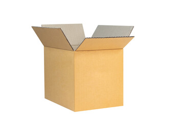 Open cardboard box on white background. Mockup for design