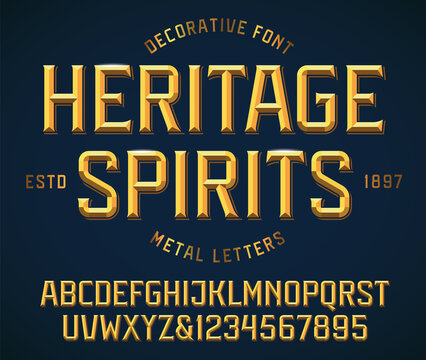 Classic victorian decorative font, golden metallic beveled alphabet and numbers. Upper case. Vector illustration.