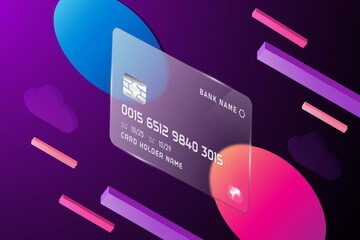 Isometric Glass morphism credit card template plastic rectangle with blur effect 3d  liquid shapes circle shapes abstract Vector