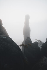 Barbarine Pfaffenstein Sandstein Felsen in der Sächsischen Schweiz Sachsen Deutschland am Morgen im Nebel Wetter